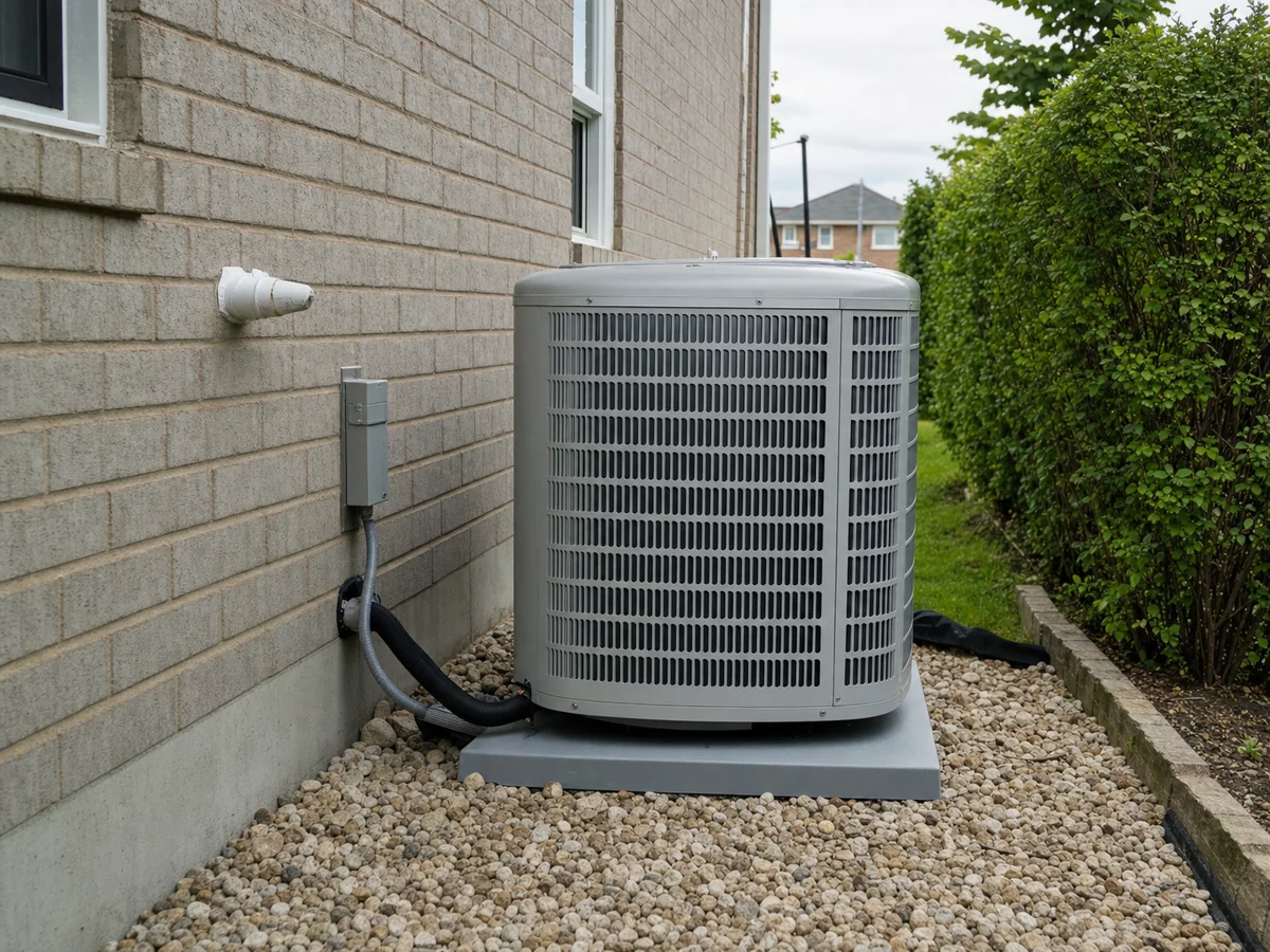 New air-conditioner condenser installed on a level pad beside a Toronto home