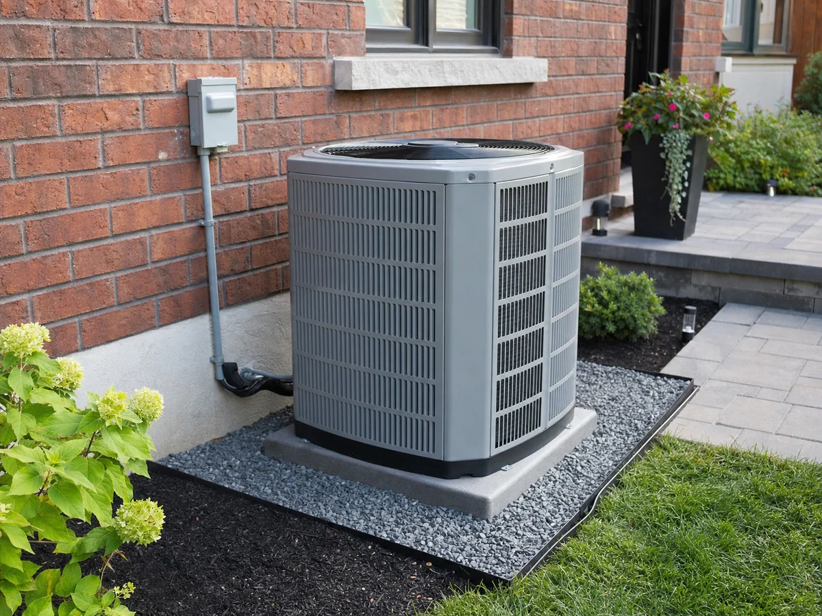 Finished air-conditioner installation on a new pad beside a Toronto home