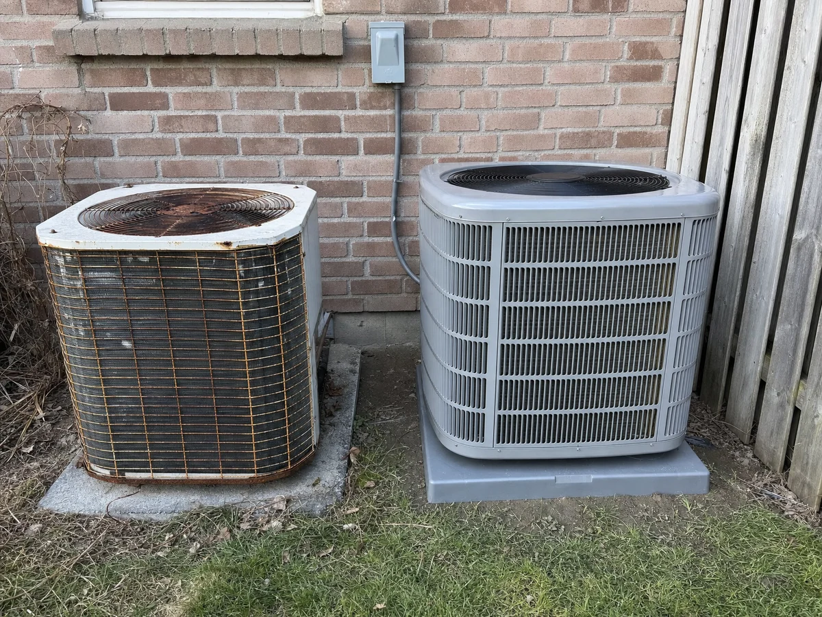 Old condenser removed alongside its brand-new replacement