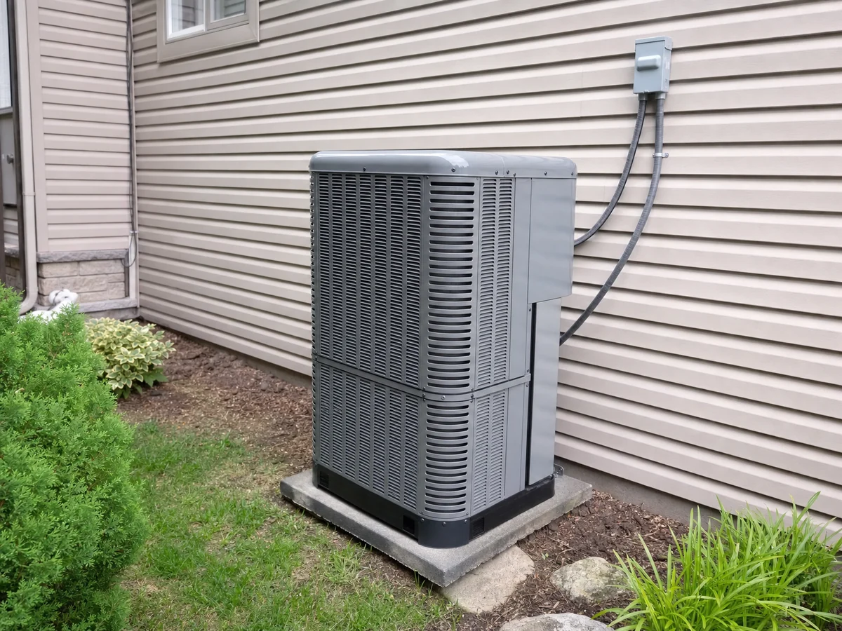 Two-stage air-conditioner condenser installed against a GTA home