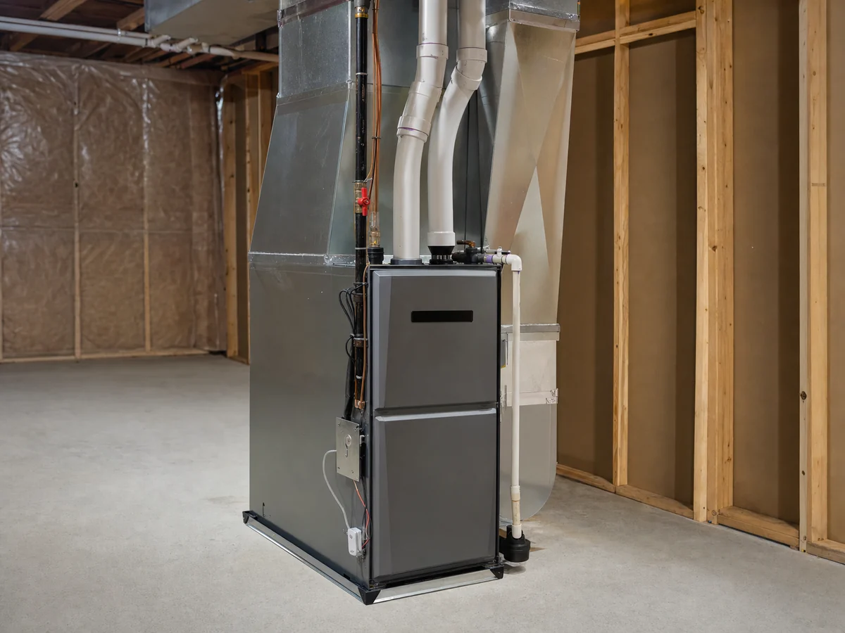 New high-efficiency gas furnace in a basement mechanical room