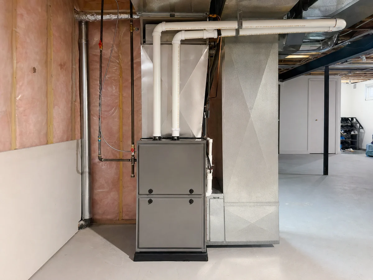 Completed gas furnace installation with clean venting in a tidy basement