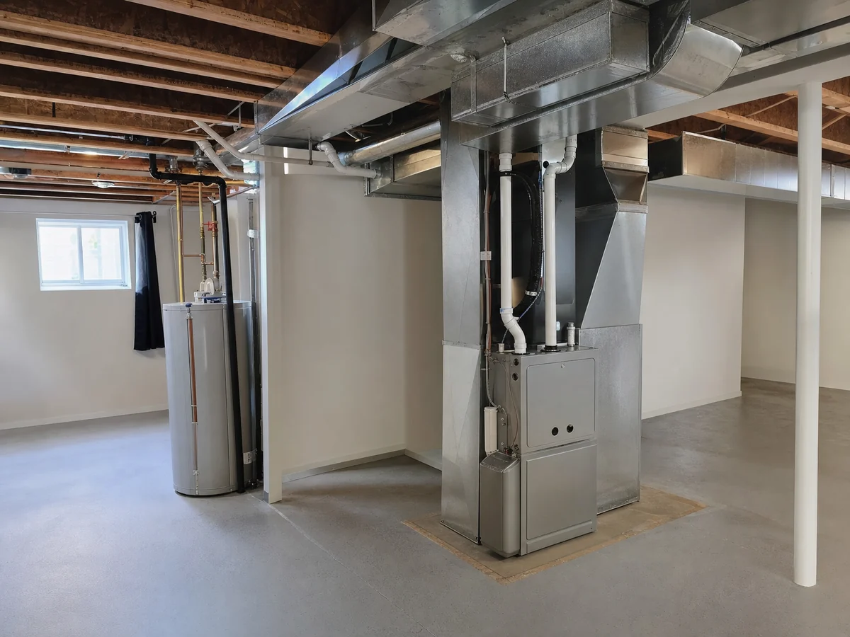 Finished basement mechanical room with the whole heating and cooling system installed