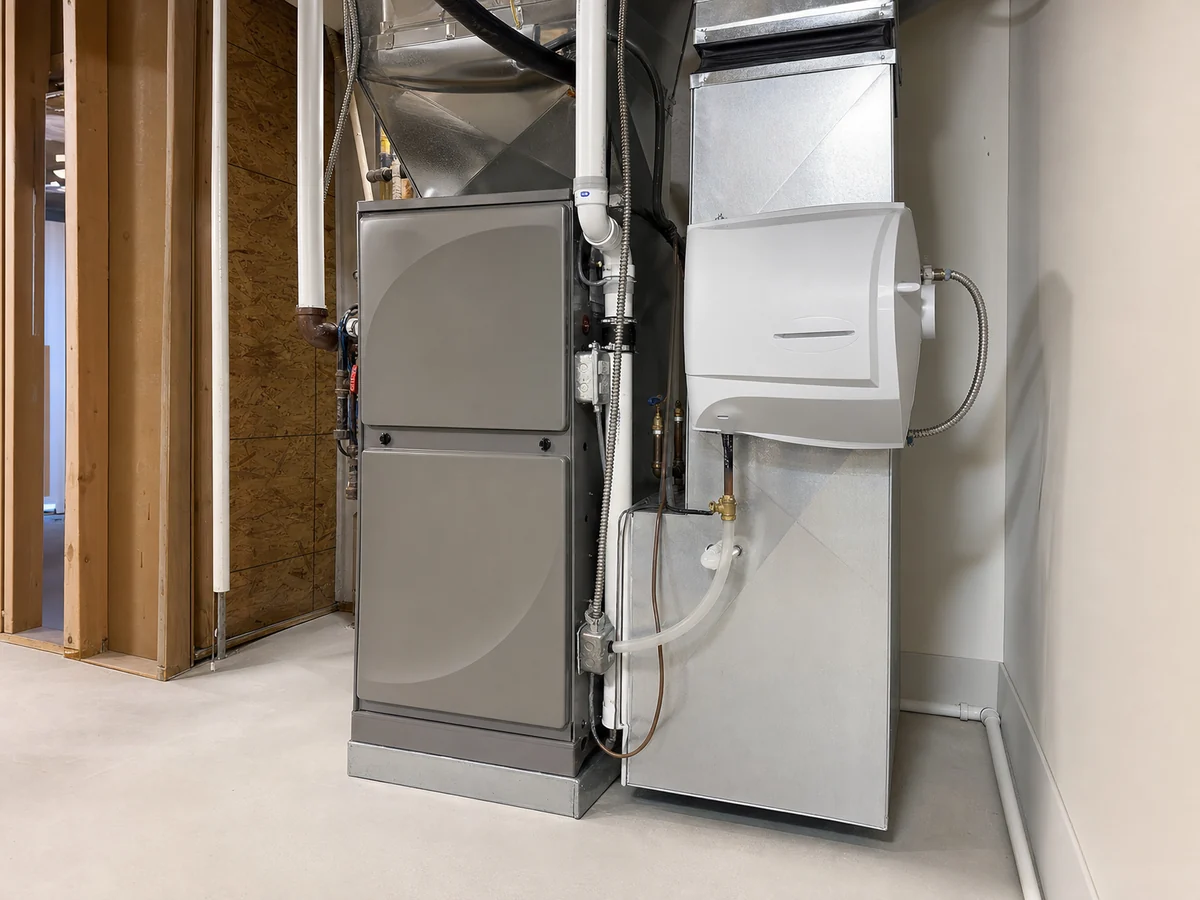 Completed furnace and whole-home humidifier installed side by side