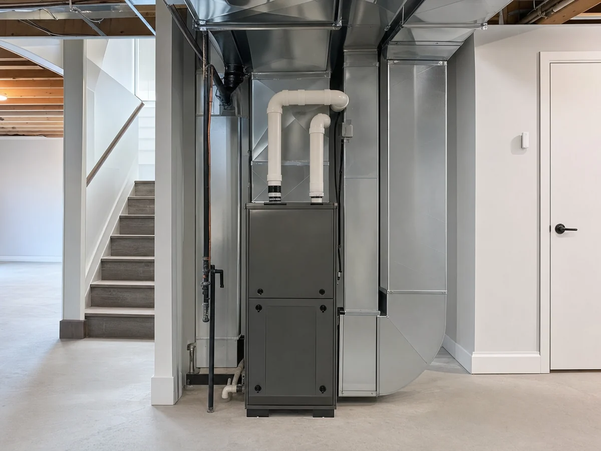 New high-efficiency furnace fully installed in a clean utility room