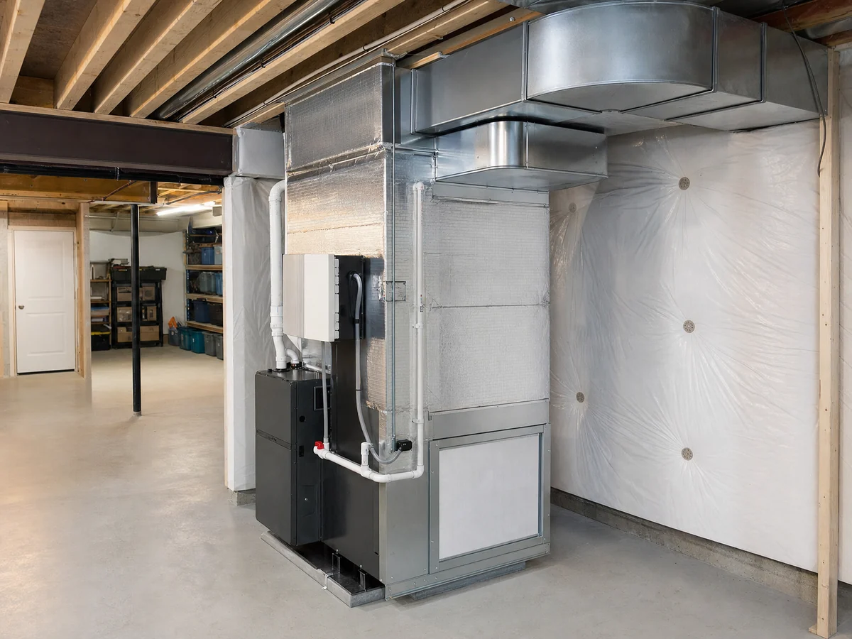 Completed ducted heat pump system with sealed plenum and filter cabinet