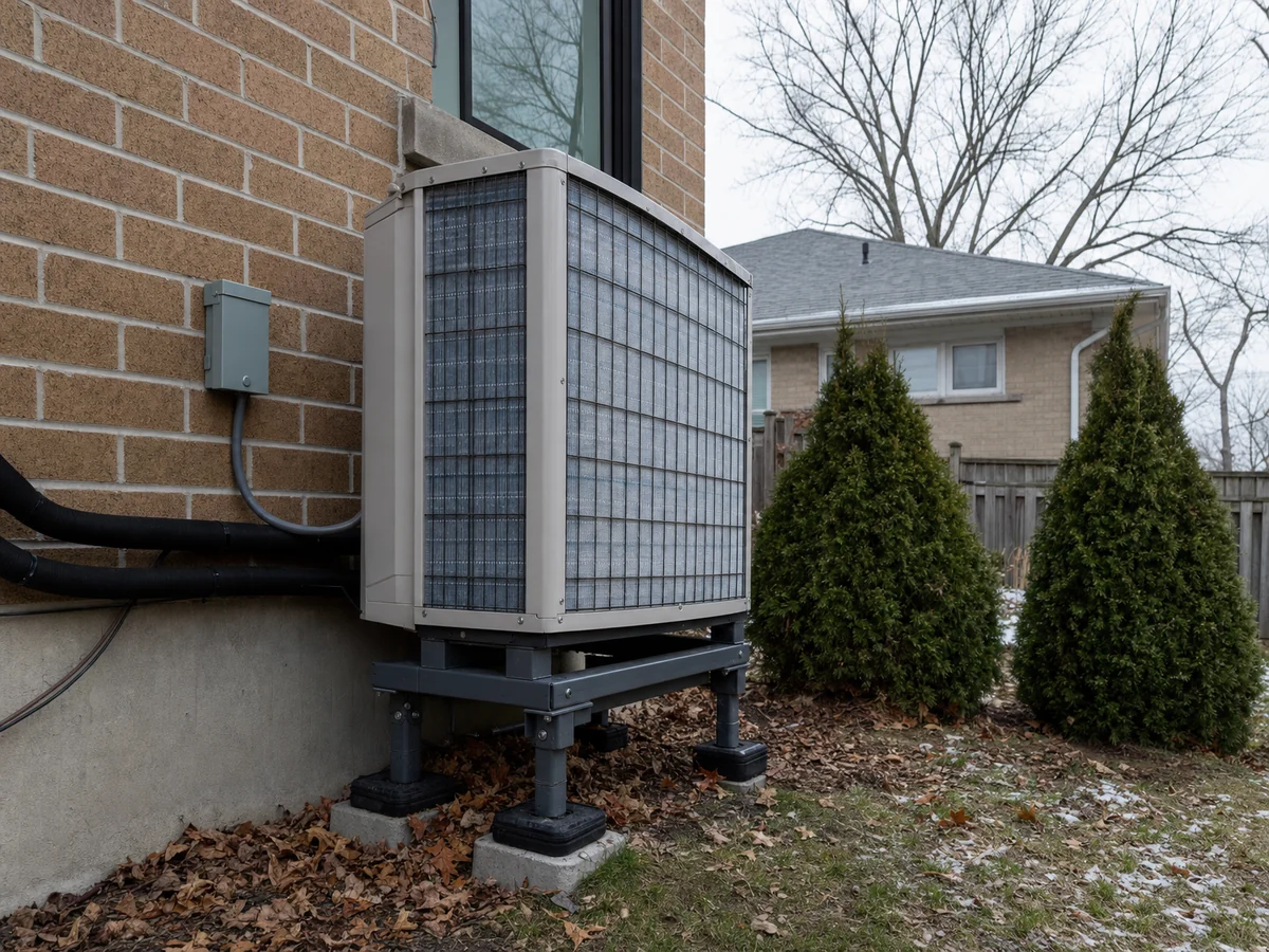 Heat pump outdoor unit on a raised stand, running through a cold snap