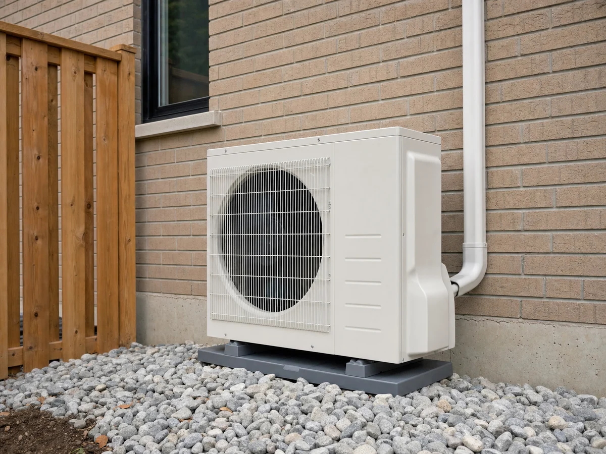 Inverter heat pump condenser with its line set in a tidy white cover