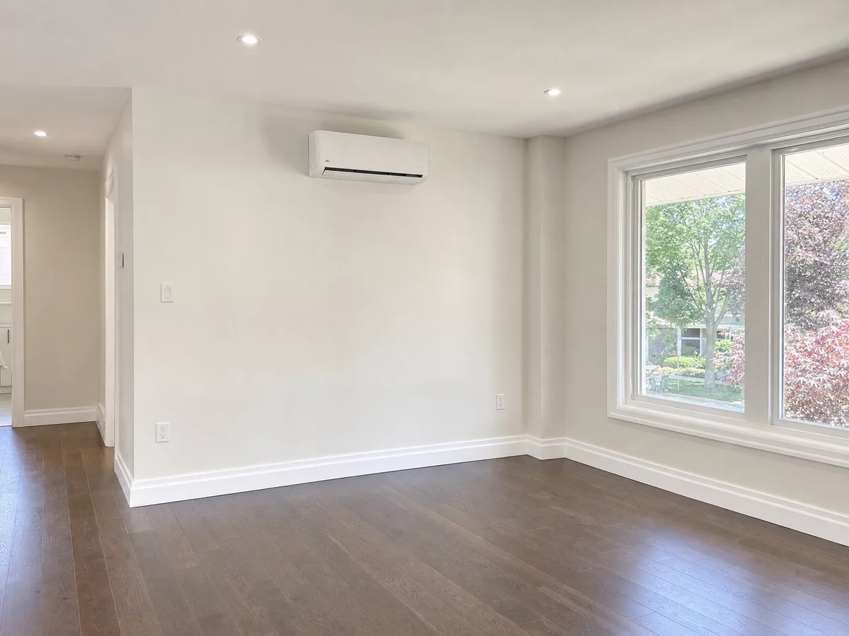 Wall-mounted ductless mini-split head in a renovated living room