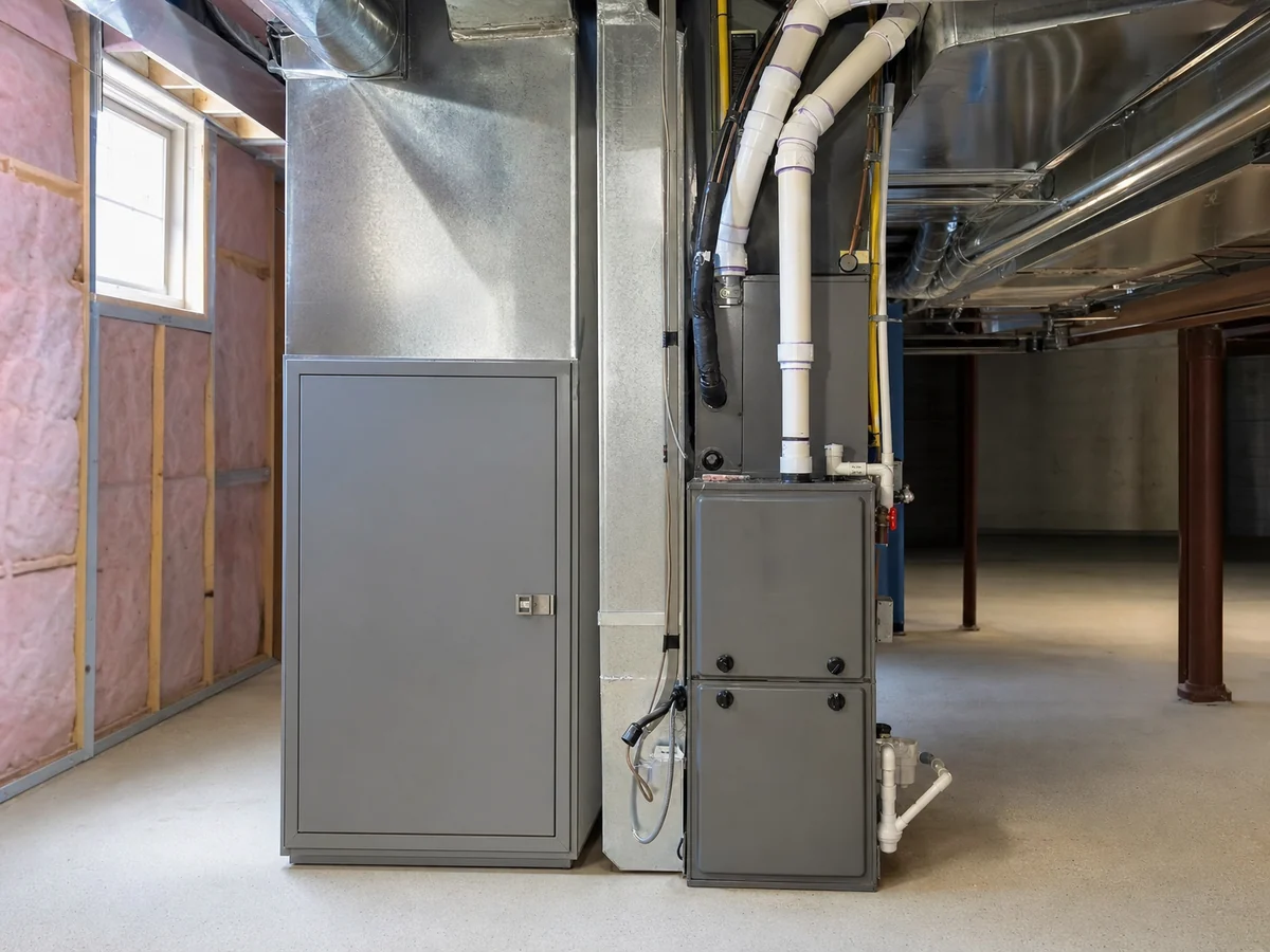Finished return-air and filter cabinet installation beside a furnace