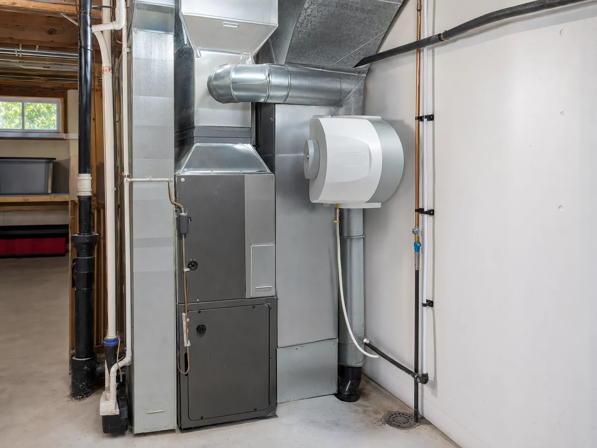 Completed whole-home humidifier with neatly routed water and drain lines