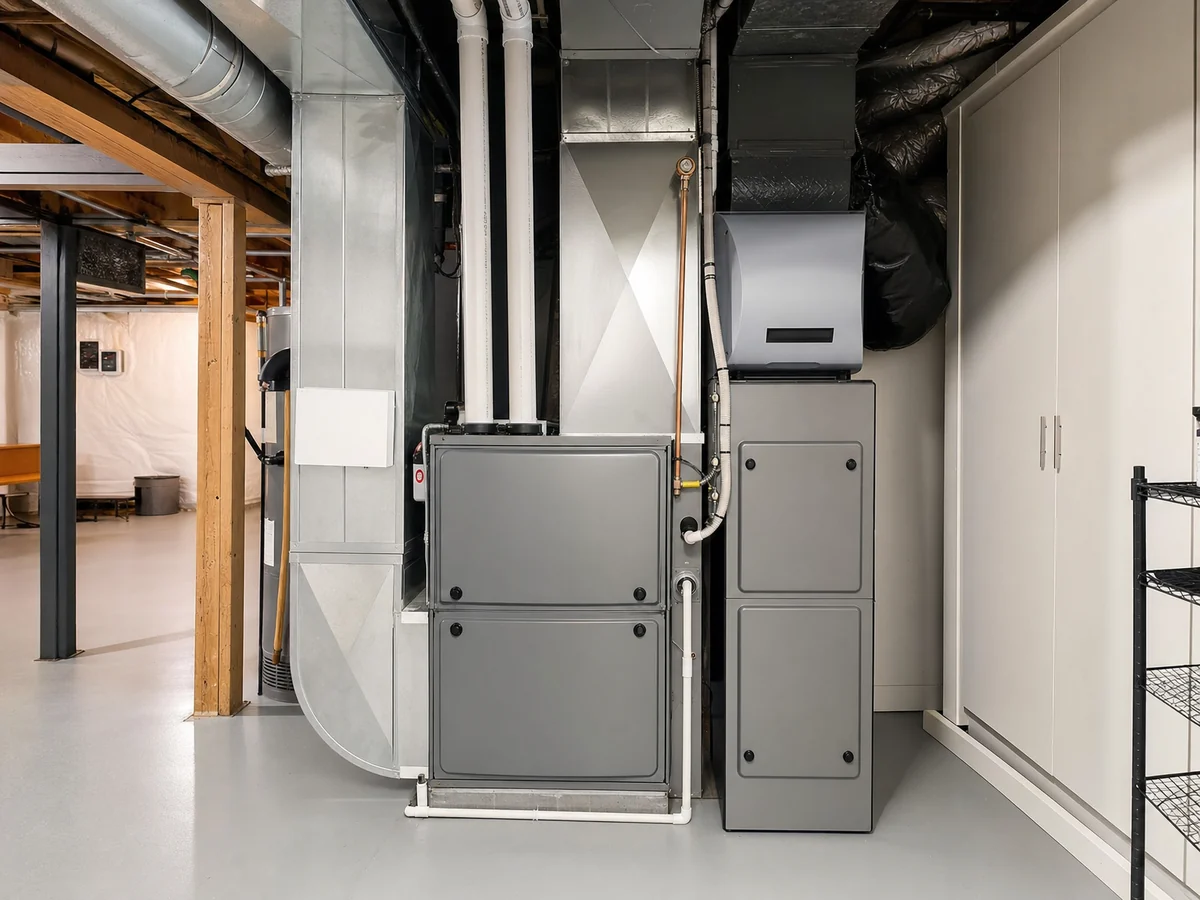 Finished indoor air quality system with filter cabinet and purifier fitted