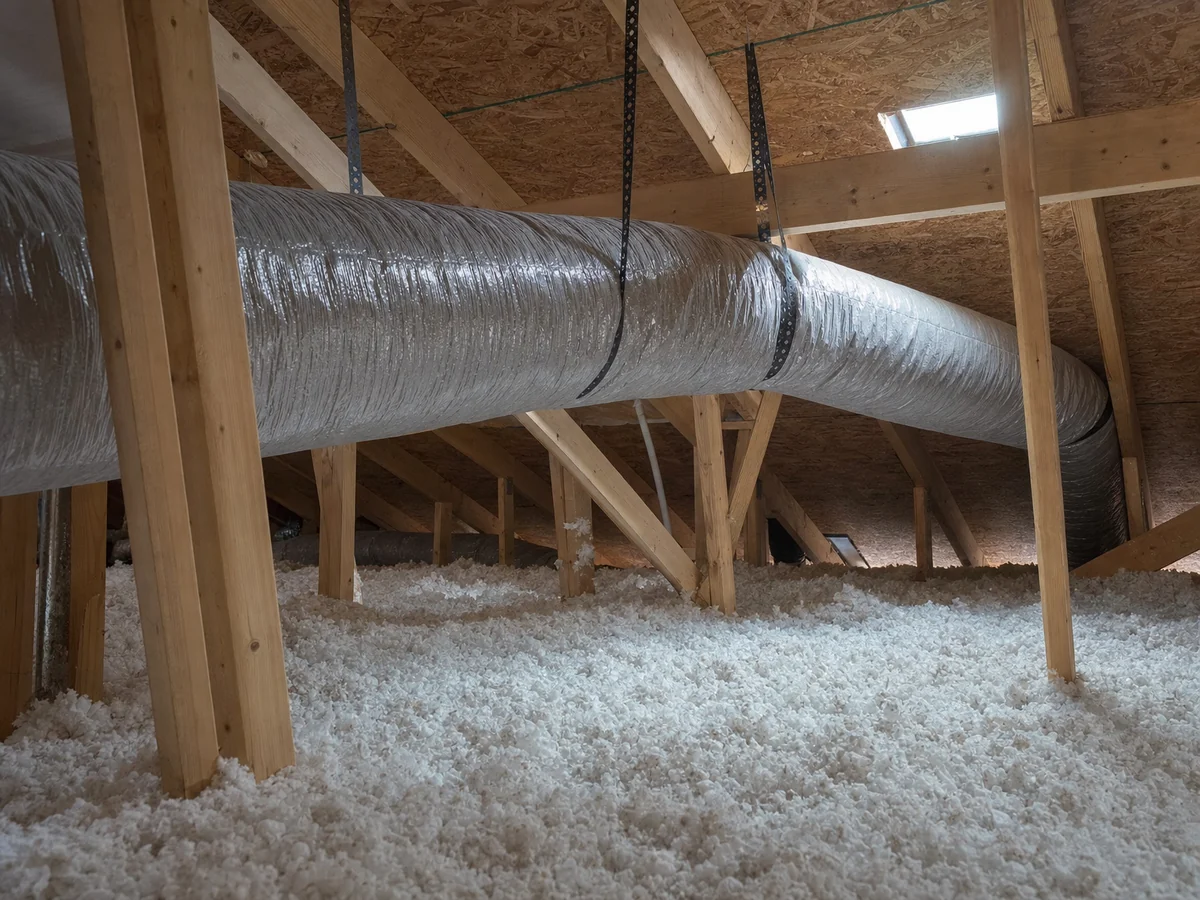 Insulated flexible duct runs supported on strapping across an attic